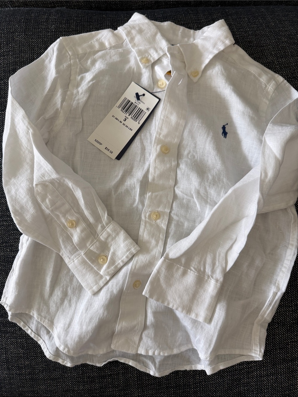 Ralph Lauren White Linen Button-Down with Blue Polo Embroidery - Kids